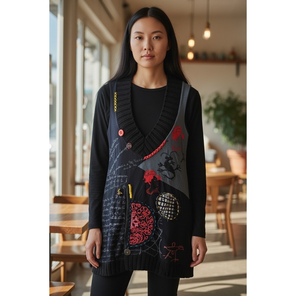 Desigual Patchwork Embroidered Knit Tunic Vest Black Boho Goth Y2K Whimsygoth